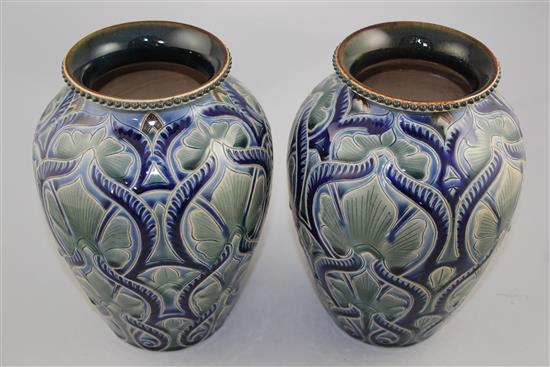 A pair of Doulton Lambeth stoneware ovoid vases, by Frank A. Butler, 1884, 22cm